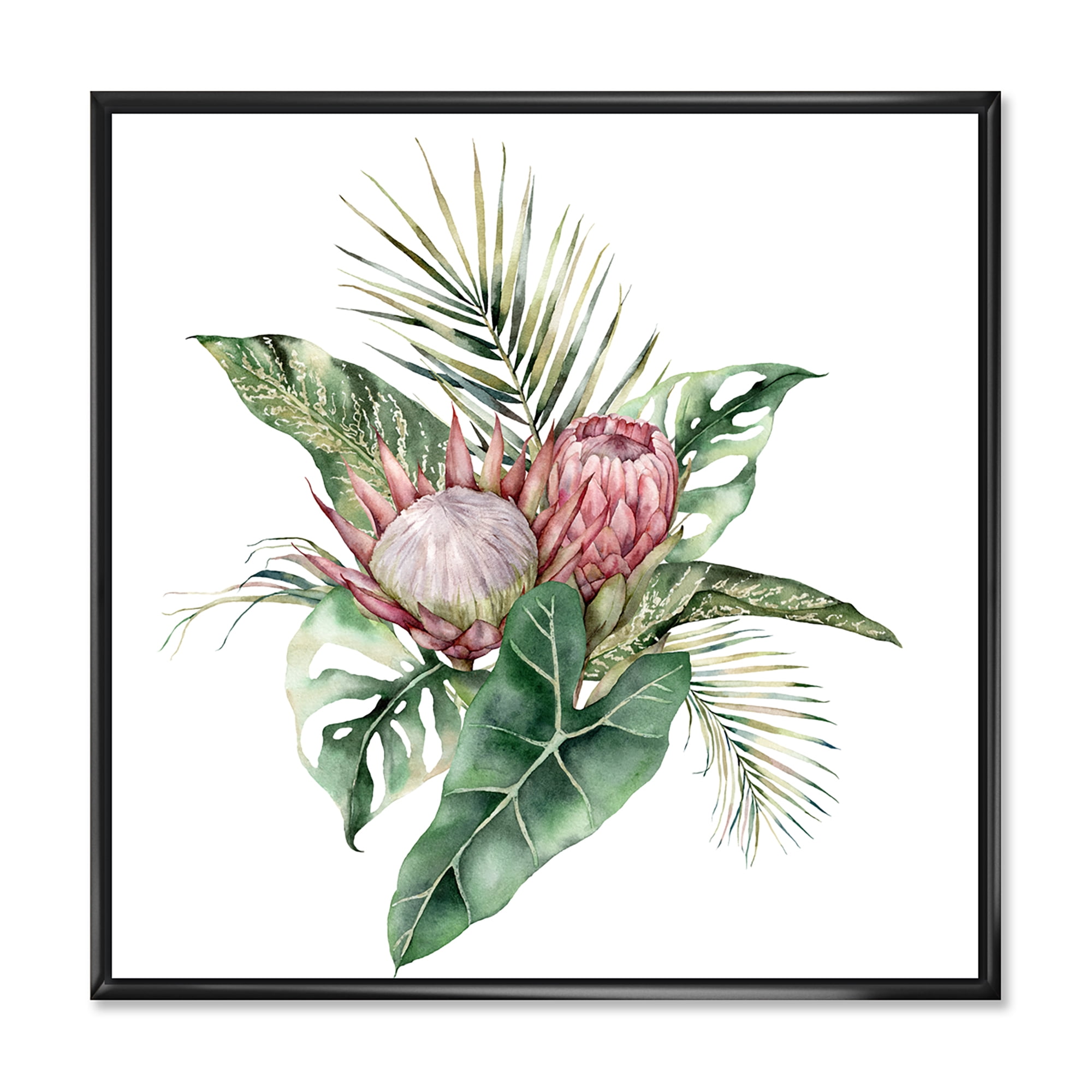 Designart 'Queen Proteas Palm & Monstera Leaves' Traditional Framed Canvas Wall Art Print