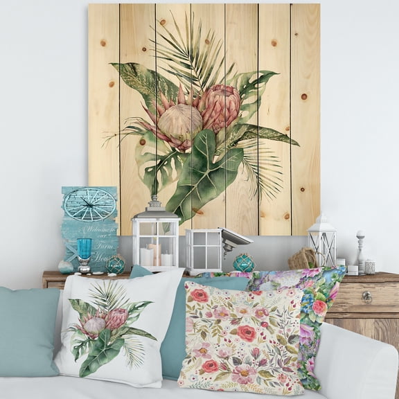 Designart 'Queen Proteas Palm & Monstera Leaves' Traditional Print on Natural Pine Wood