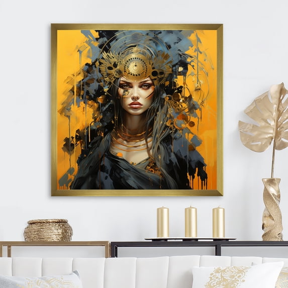 Designart "Queen of Gods Woman in Gold and Black I" Fashion Framed Wall Art Decor - Glam Gold Woman Abstract Living Room Framed Canvas Art
