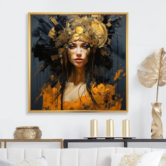 Designart "Queen of Gods Woman in Gold and Black III" Fashion Framed Wall Art - Glam Gold Woman Abstract Entryway Framed Wall Art Print