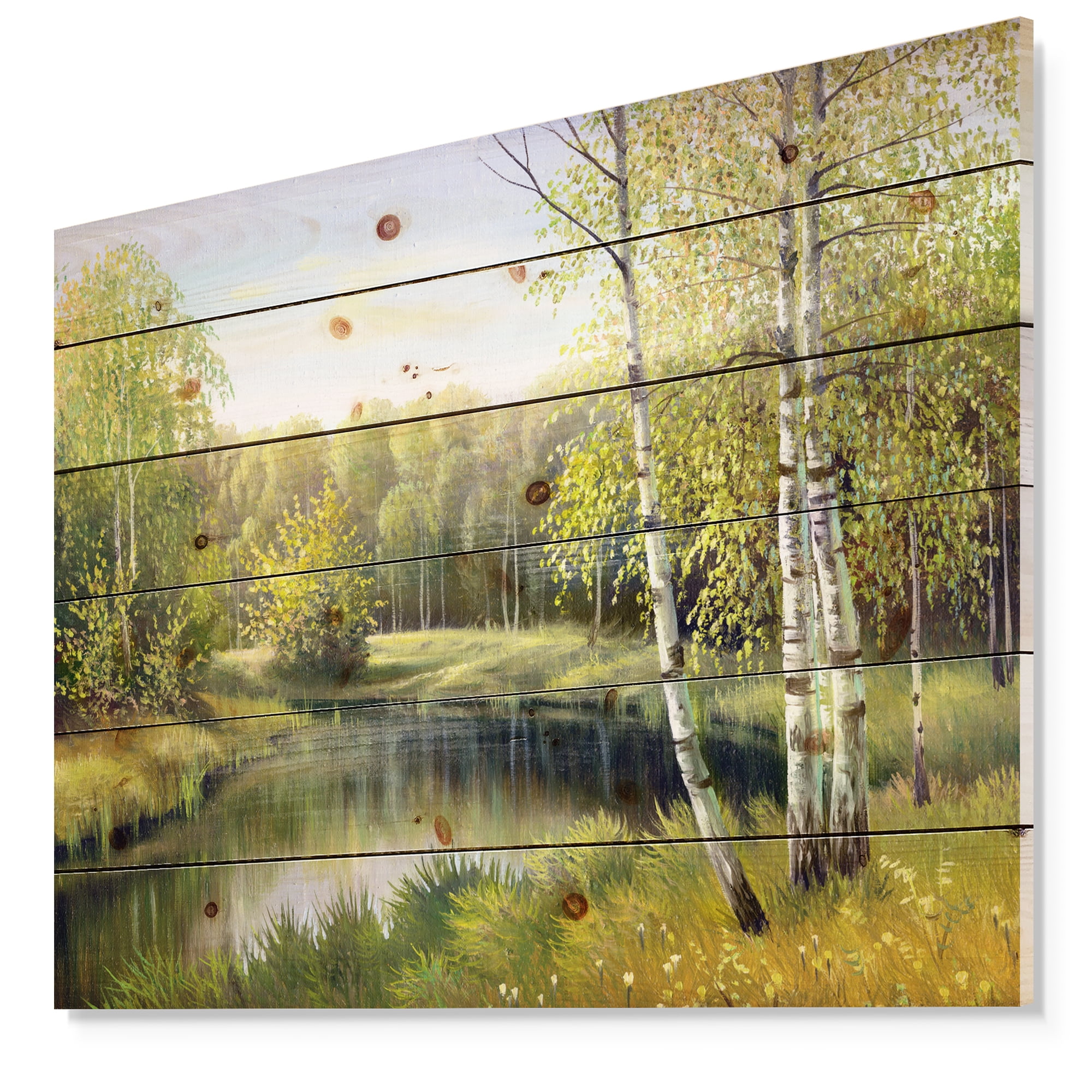 Designart 'Quiet Autumn River' Landscape Print on Natural Pine Wood