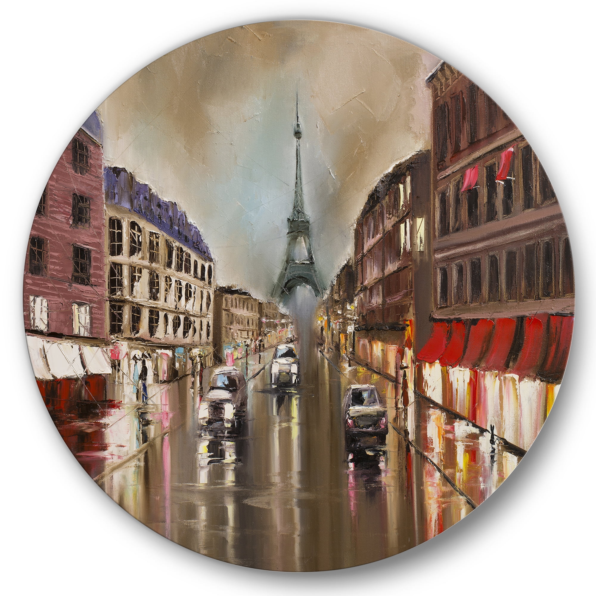 Designart 'Quiet Rainy Street In Gray Eiffel Tower Paris' Traditional Circle Metal Wall Art 29x29 - Disc of 29