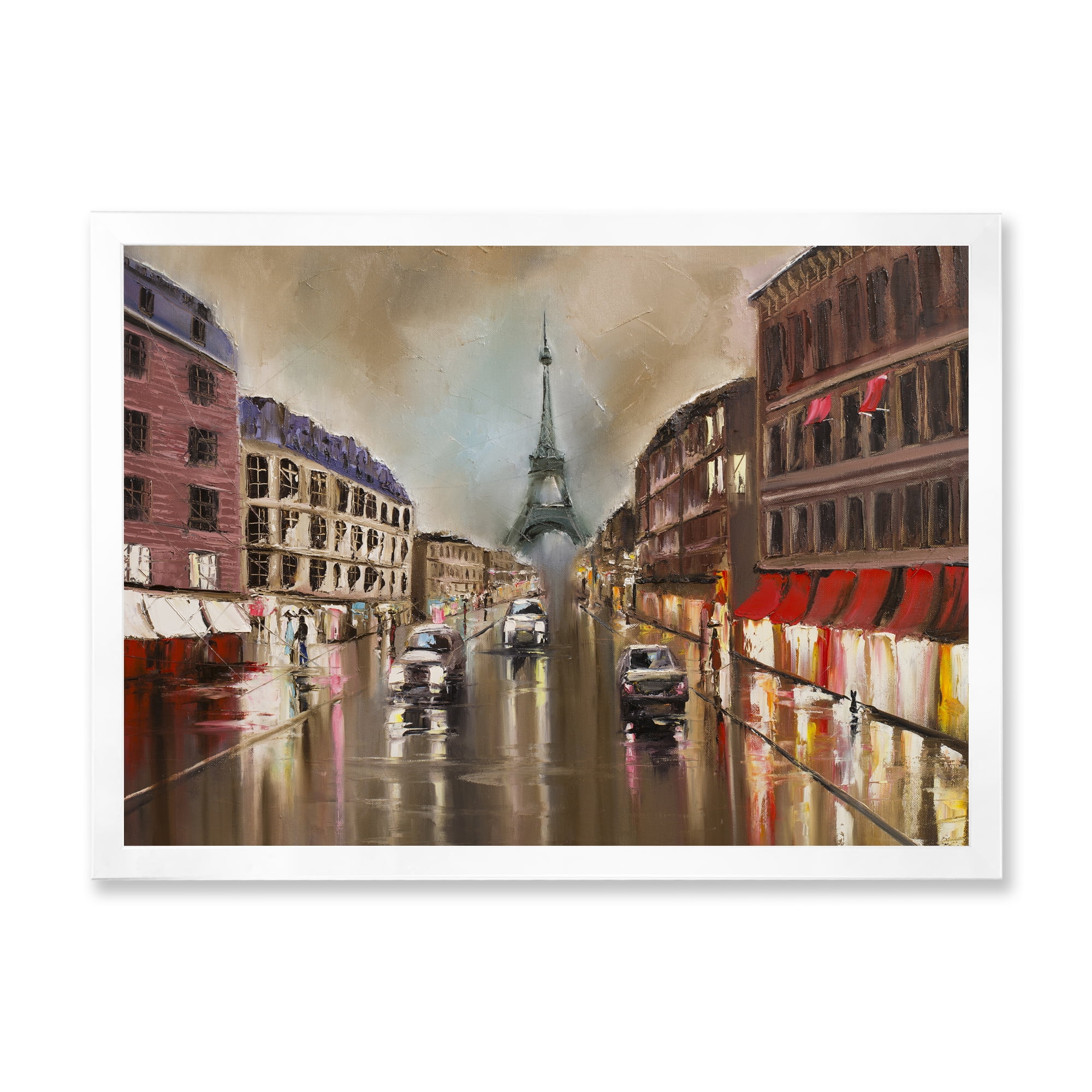 Designart 'Quiet Rainy Street In Gray Eiffel Tower Paris' Traditional Framed Art Print