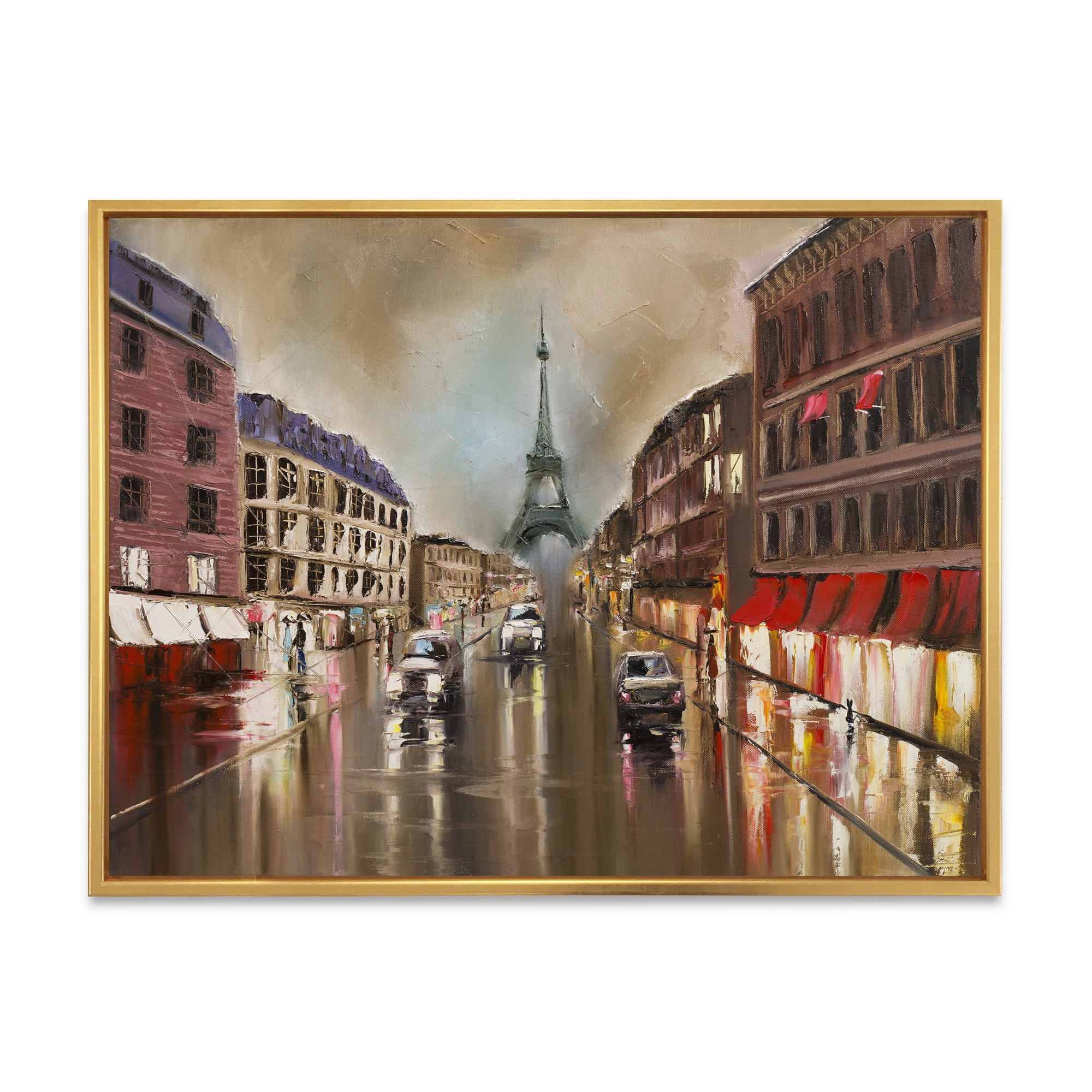 Designart 'Quiet Rainy Street In Gray Eiffel Tower Paris' Traditional Framed Canvas Wall Art Print