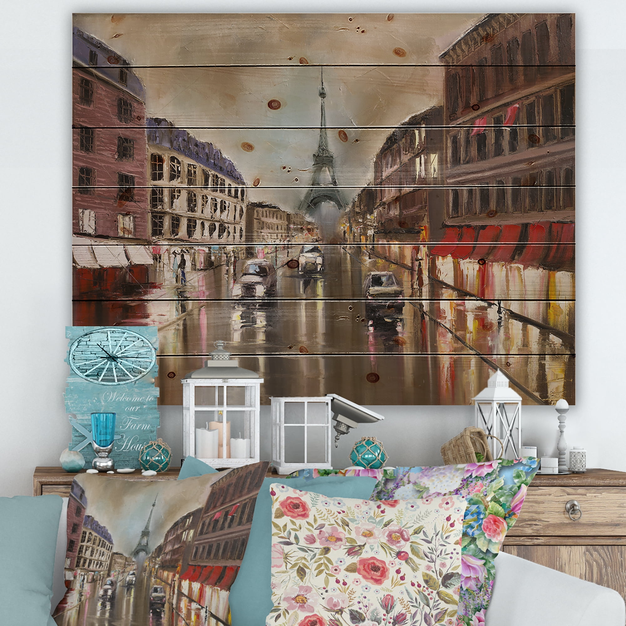 Designart 'Quiet Rainy Street In Gray Eiffel Tower Paris' Traditional Print on Natural Pine Wood