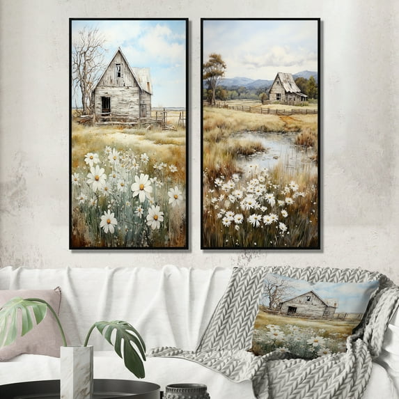 Designart "Quiet Retreat at the Farmhouse II" Farm Framed Wall Art Set Of 2 - White Landscapes Framed Wall Art Set Of 2