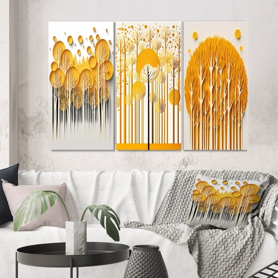 Designart "Quill Minimalism Abstract Yellow Forest II" Landscape Trees Wall Art Set Of 3 - Trees Yellow Gallery Set For Office Decor