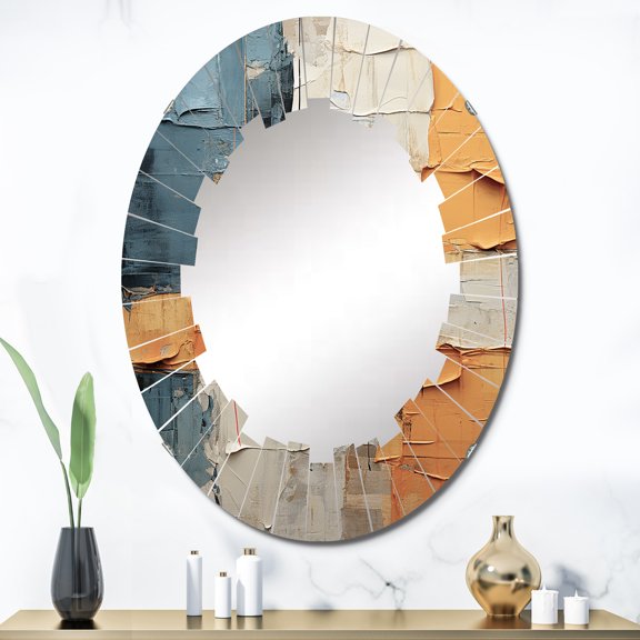 Designart "Quilted Paper II" Abstract Round Wall Mirror - Modern Oval Printed Decorative Oversized Mirror - Multiple Color Options