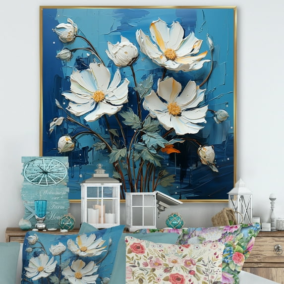 Designart "Quirky White And Blue Flowers" Flowers Floater Framed Wall Art Living Room