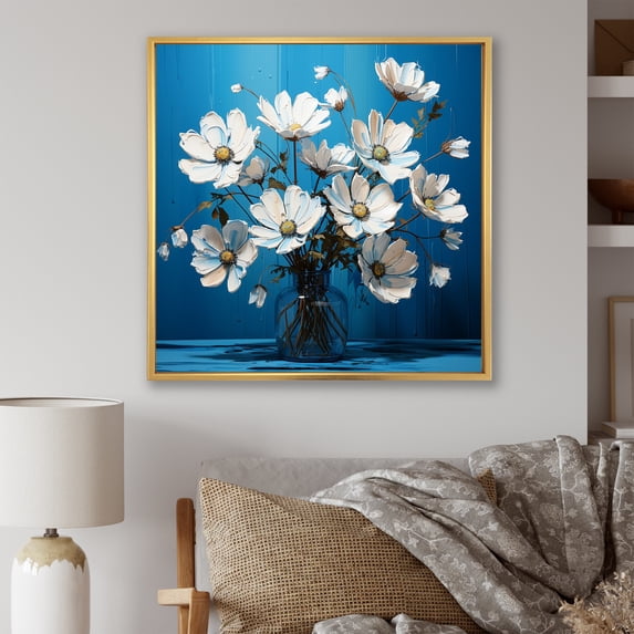 Designart "Quirky White And Blue Flowers I" Flowers Floater Framed Canvas Wall Art