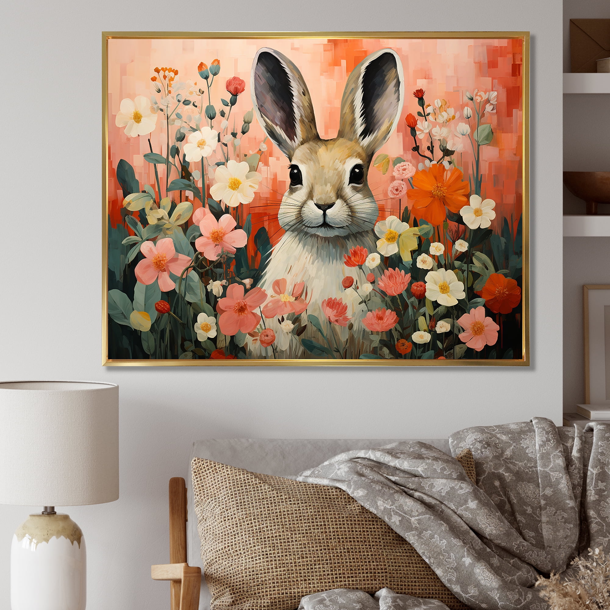 Designart "Rabbit Meadows Pink Floral Scenery" Animals Framed Wall Art