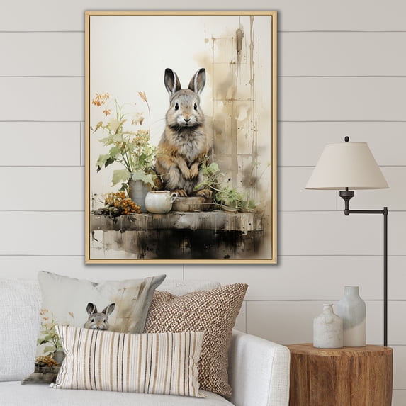 Designart "Rabbit Sumi Asian Painting I" Asian Floater Framed Wall Art Living Room