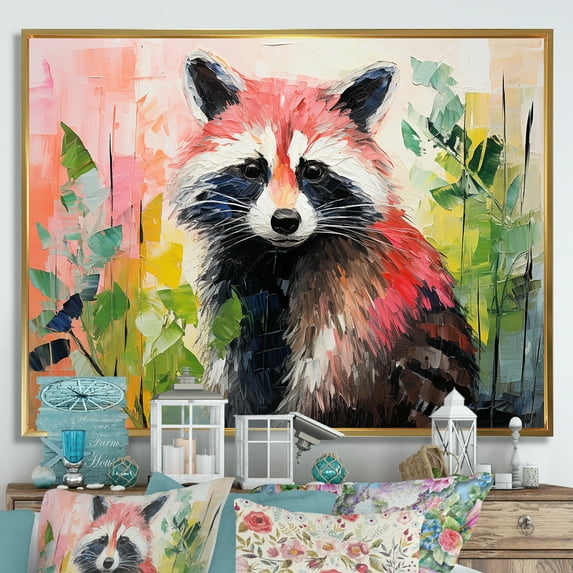 Designart "Raccoon Amidst Flowers Black and Green II" Animals Framed Wall Art - Modern Farmhouse Green Raccoon Entryway Framed Wall Art Print