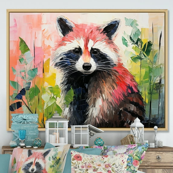 Designart "Raccoon Amidst Flowers Black and Green II" Animals Framed Wall Art - Modern Farmhouse Green Raccoon Entryway Framed Wall Art Print