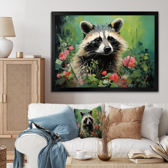 Designart "Raccoon in Flower Forest Black and Green" Animals Framed Wall Art Decor - Modern Farmhouse Black Raccoon Living Room Framed Canvas Art