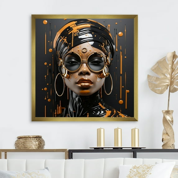 Designart "Radiance of African Woman in Gold and Black III" Fashion Framed Wall Art Decor - Glam Yellow Woman African American Entryway Framed Wall Art