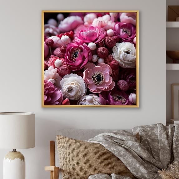 Designart "Radiance in Layers of Purple and White Ranunculus Beauty" Floral Framed Wall Art - Pink Ranunculus Hallway Framed Wall Art Decor