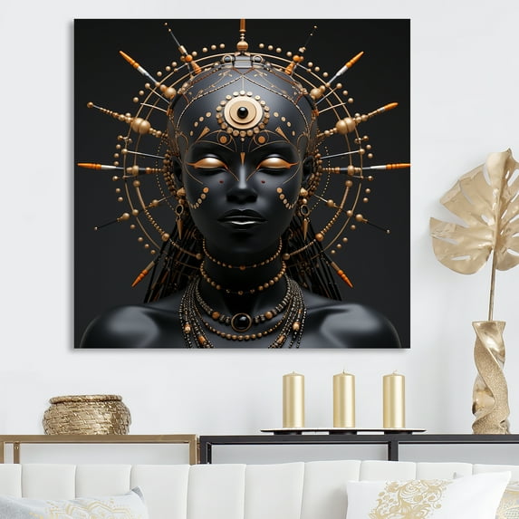 Designart "Radiance of African Woman in Gold and Black II" Fashion Wall Art - Glam Gold Woman African American Entryway Wall Art