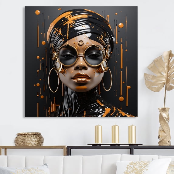 Designart "Radiance of African Woman in Gold and Black III" Fashion Wall Art - Glam Yellow Woman African American Hallway Wall Art Decor