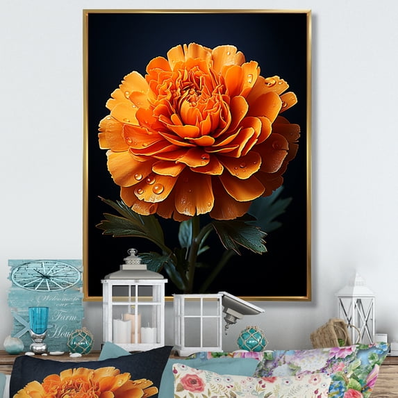 Designart "Radiant Beauty The Gold Marigold" Floral & Botanical Floater Framed Canvas Print