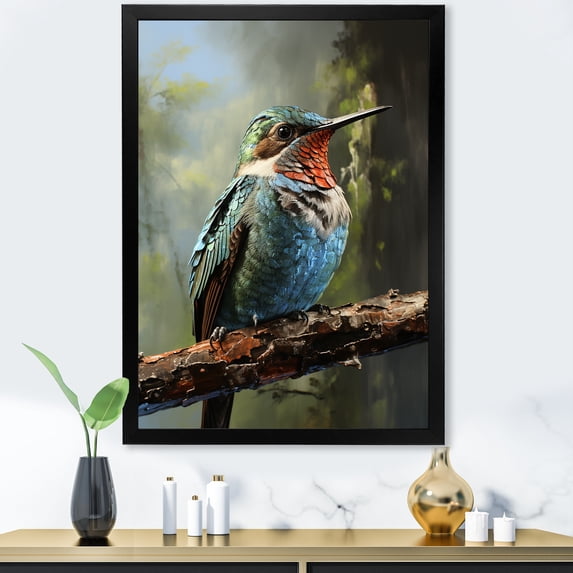 Designart "Radiant Beauty of Blue and Green Hummingbird" Animals Framed Wall Art - Traditional Blue Hummingbird Living Room Framed Canvas Art