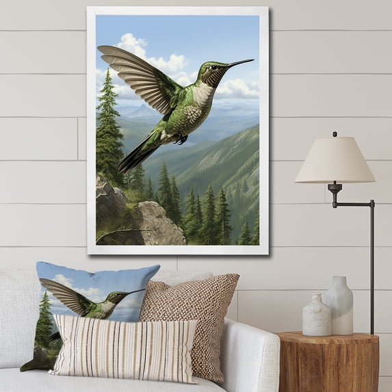 Designart "Radiant Beauty of Green Hummingbird II" Animals Framed Wall Art - Traditional Green Hummingbird Entryway Framed Wall Art