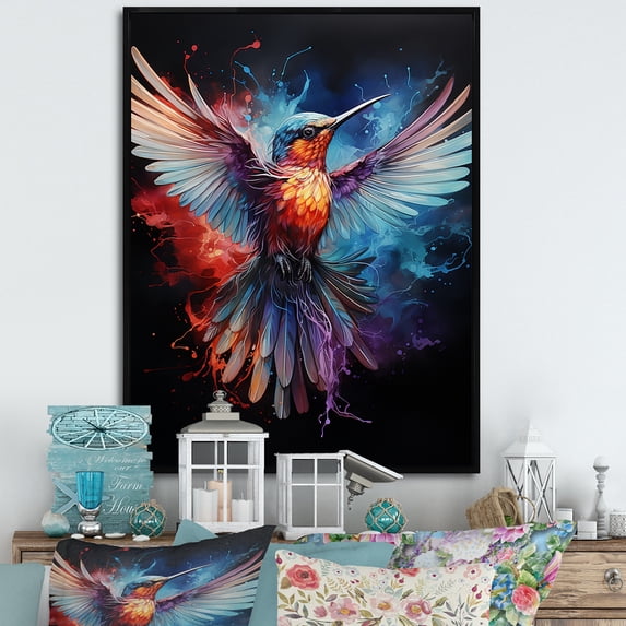 Designart "Radiant Beauty of Hummingbird in Blue and Yellow II" Animals Framed Wall Art - Traditional Blue Hummingbird Living Room Framed Canvas Art