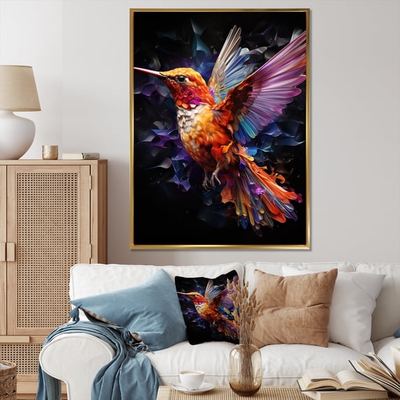 Designart "Radiant Beauty of Orange and Pink Hummingbird" Animals Framed Wall Art - Traditional Orange Hummingbird Hallway Framed Wall Art Decor