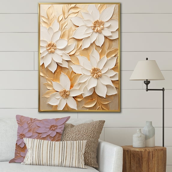 Designart "Radiant Beige Poinsettia I" Poinsettias Floater Framed Wall Art Living Room
