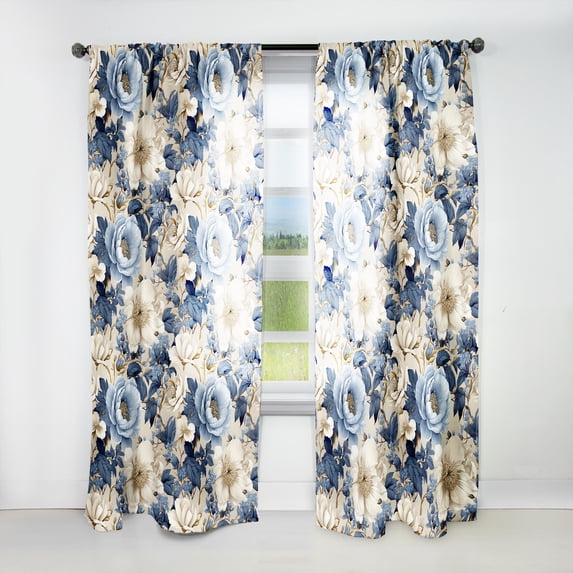 Designart "Radiant Blue And White Floral Beauty II" Floral Curtain Panels
