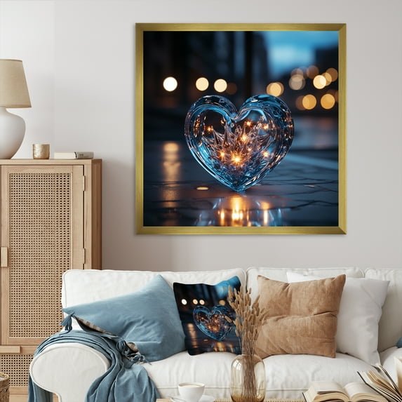 Designart "Radiant Blue Heart Outline I" Abstract Shapes Picture Framed Canvas Prints