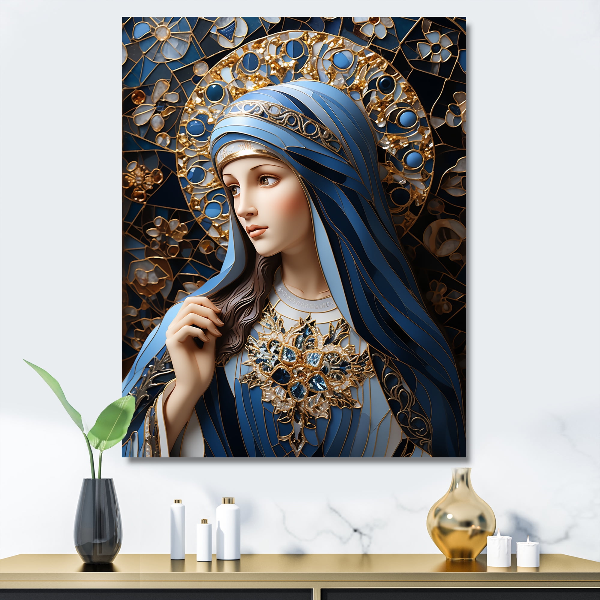 Radiant Devotion of Mary Blue and Gold Canvas Art