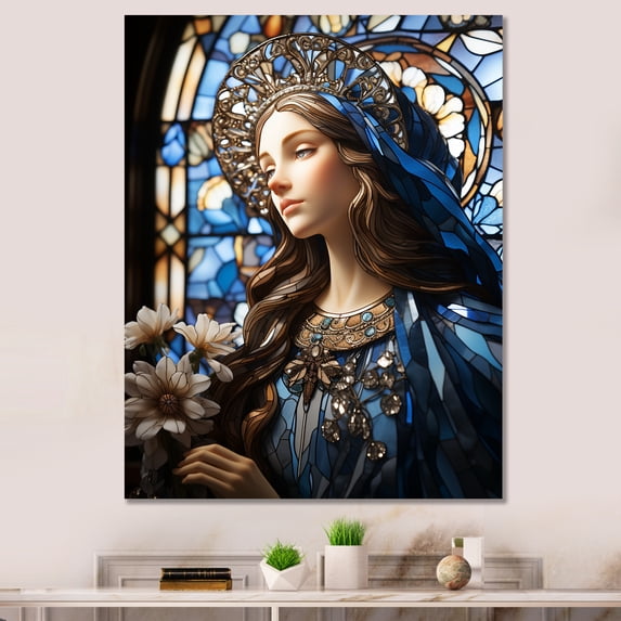 Designart "Radiant Devotion of Mary in Religious Art II" Spiritual Canvas Wall Art - Global Blue Christianism Hallway Wall Art Decor