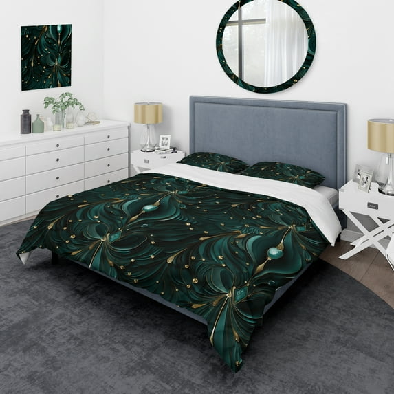 Designart "Radiant Elegance In Deep Emerald II" Gold Marble Bedding Covert Set - Glam Bed Set With 2 Shams