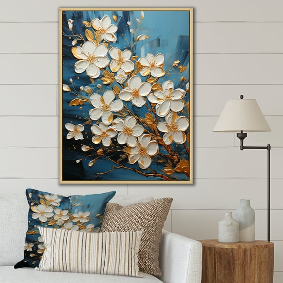 Designart "Radiant Golden Plumeria Blooms" Plumeria Floater Framed Wall Art Living Room