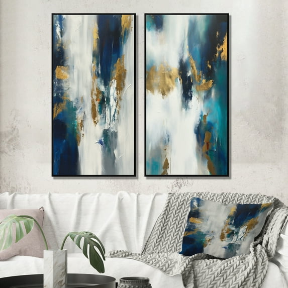 Designart "Radiant Muse's Emergence II" Abstract Painting Framed Wall Art Set Of 2 - Modern Gold Frame Gallery Set For Office Decor
