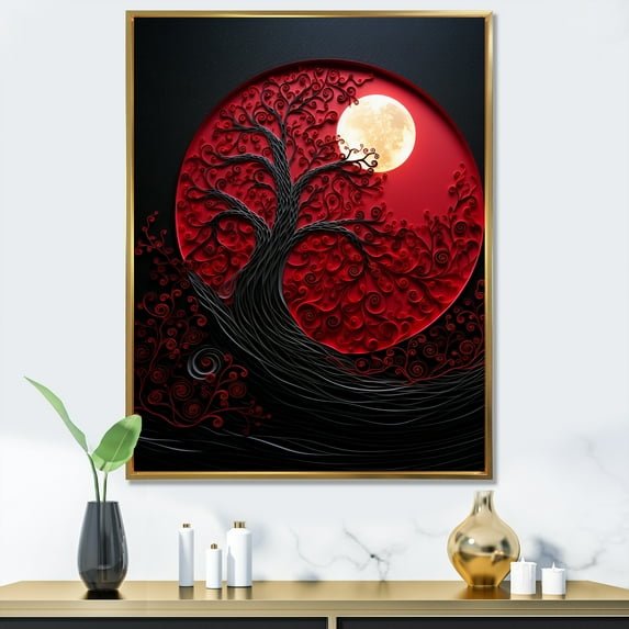 Designart "Radiant Ruby Red Moon II" Moon Floater Framed Wall Decor