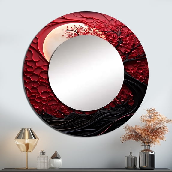 Designart "Radiant Ruby Red Moon" Moon Red Large Round Mirror - Round Bedroom Mirror Wall Decor - Global Round Printed Mirror - 23" x 23"