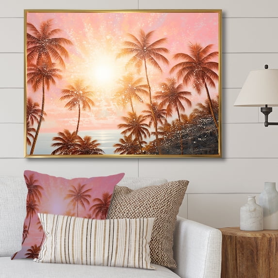 Designart "Radiant Sunset Among The Palm Trees III" Palms & Palm Trees Floater Framed Wall Decor