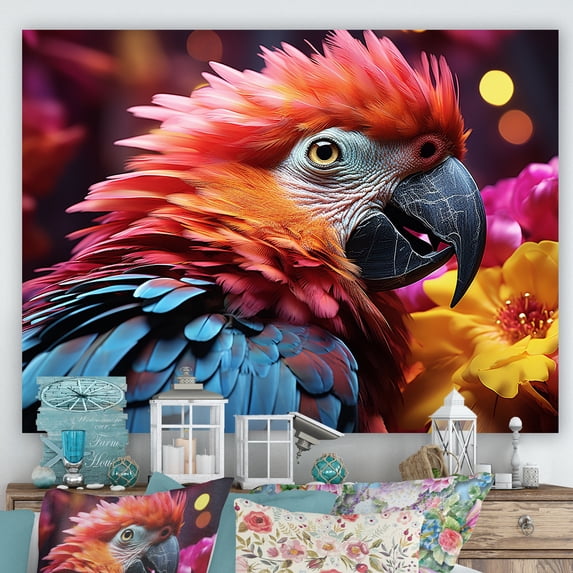 Designart "Radiant Sunset Plumage Of Red And Blue Parrots I" Parrot Wall Art Prints