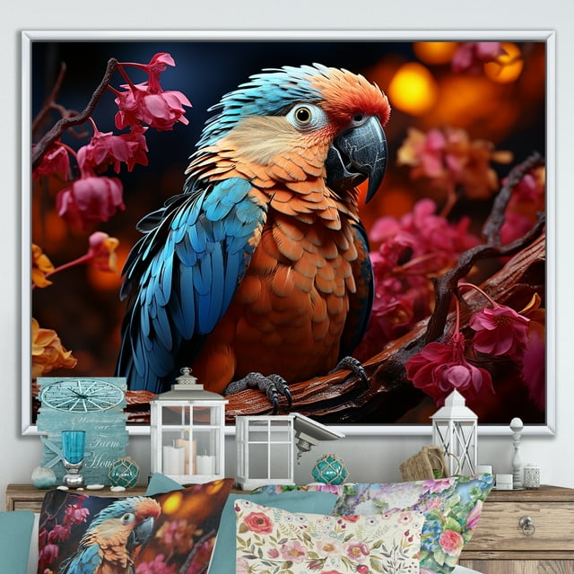 Designart "Radiant Sunset Plumage Of Red And Blue Parrots II" Parrot Floater Framed Wall Art Living Room