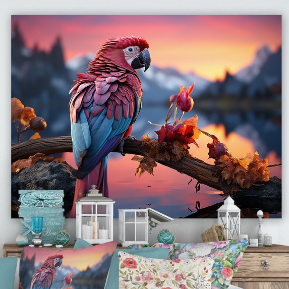 Designart "Radiant Sunset Plumage Of Red And Blue Parrots" Parrot Canvas Art Print