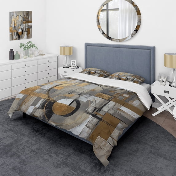 Designart "Radical Simplicity Gold and Grey I" Modern Midcentury Bedding Covert Set - Abstract Midcentury Gold Abstract Bed Set With 2 Shams