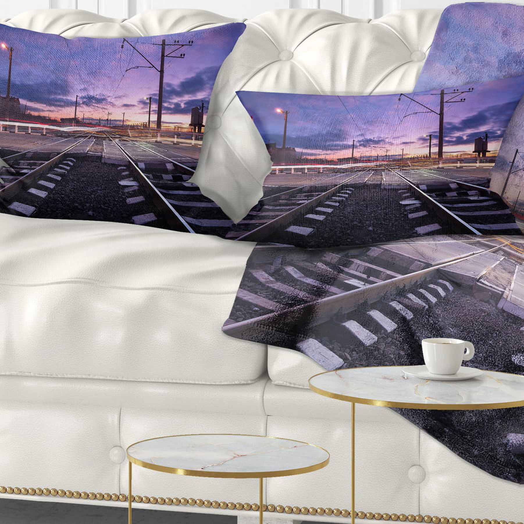 Designart Rail Crossing with Blurred Car Lights - Cityscape Photo Throw Pillow - 12x20