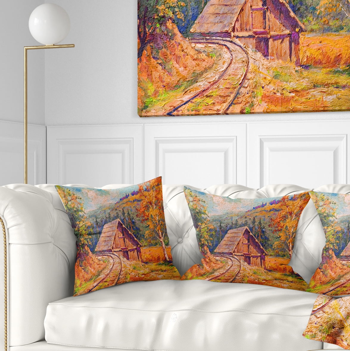 Designart Railway Track in Village - Landscape Printed Throw Pillow - 16x16