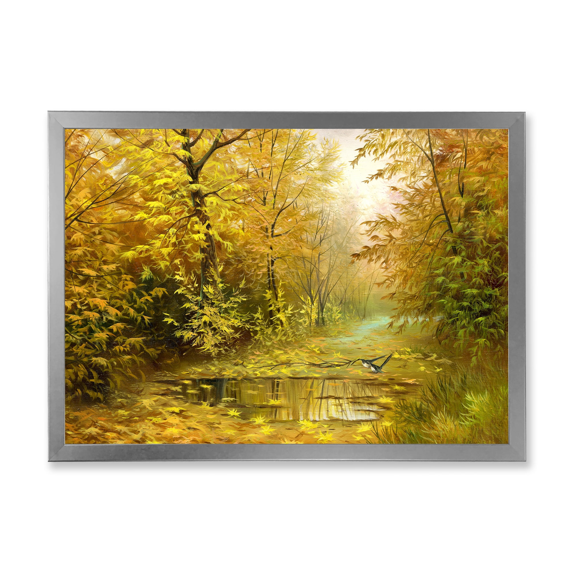 Designart 'Rain Water On Road In Yellow Woodlands' Country Framed Art Print