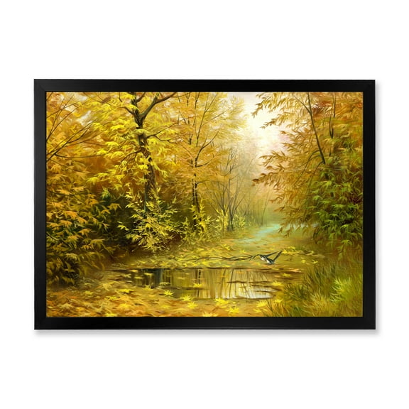 Designart 'Rain Water On Road In Yellow Woodlands' Country Framed Art Print