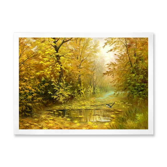Designart 'Rain Water On Road In Yellow Woodlands' Country Framed Art Print