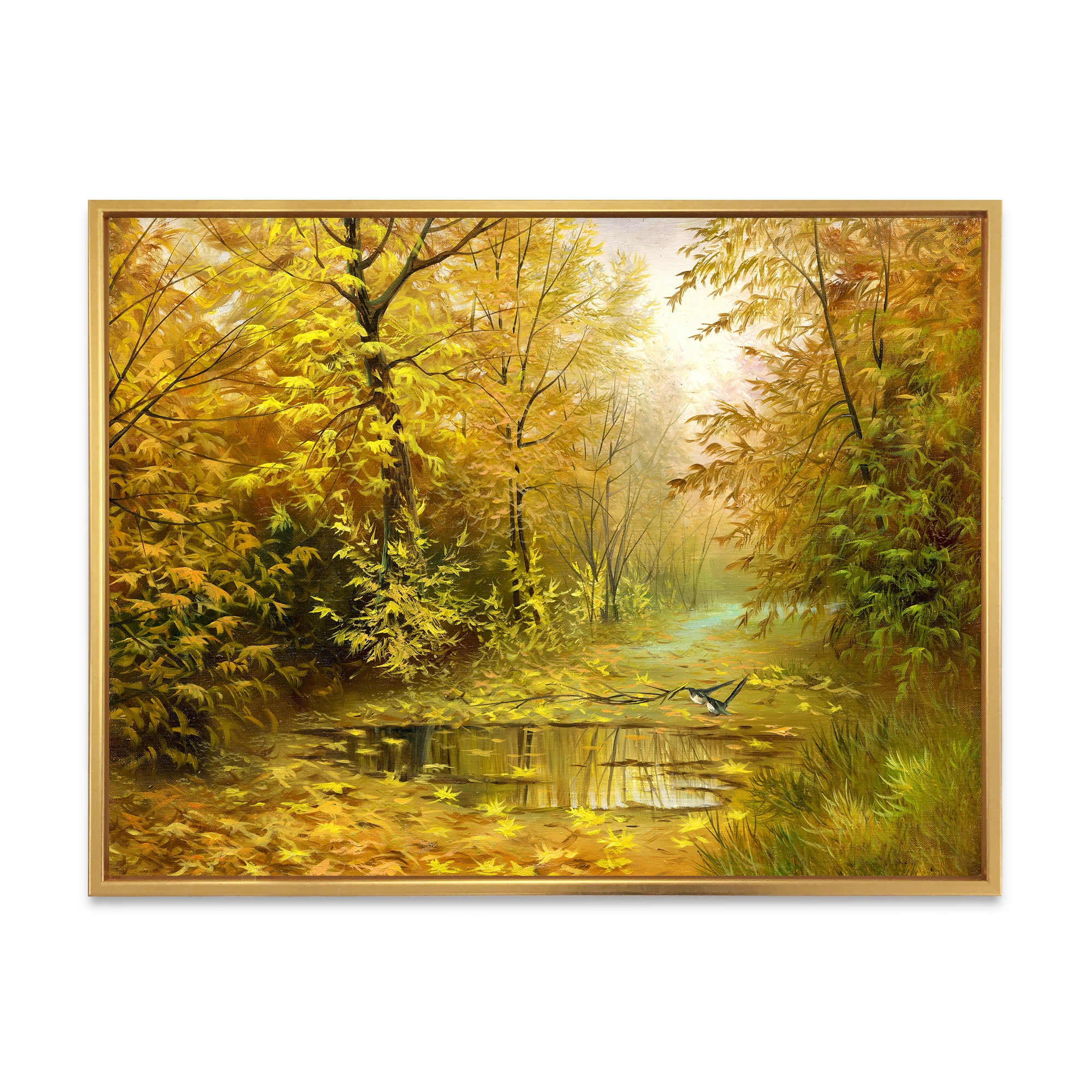 Designart 'Rain Water On Road In Yellow Woodlands' Country Framed Canvas Wall Art Print