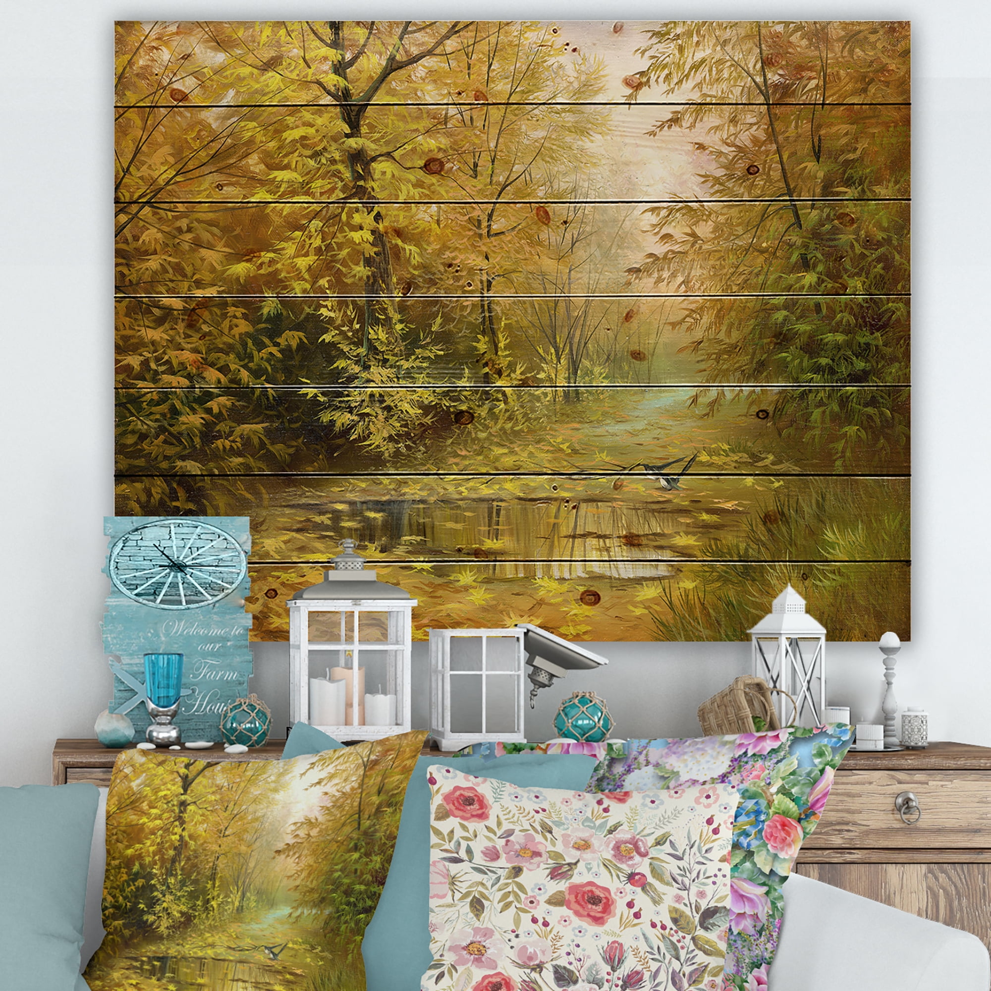 Designart 'Rain Water On Road In Yellow Woodlands' Country Print on Natural Pine Wood